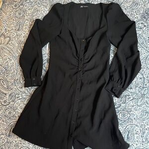 Lined Black Scoop Neck Button Up Dress
